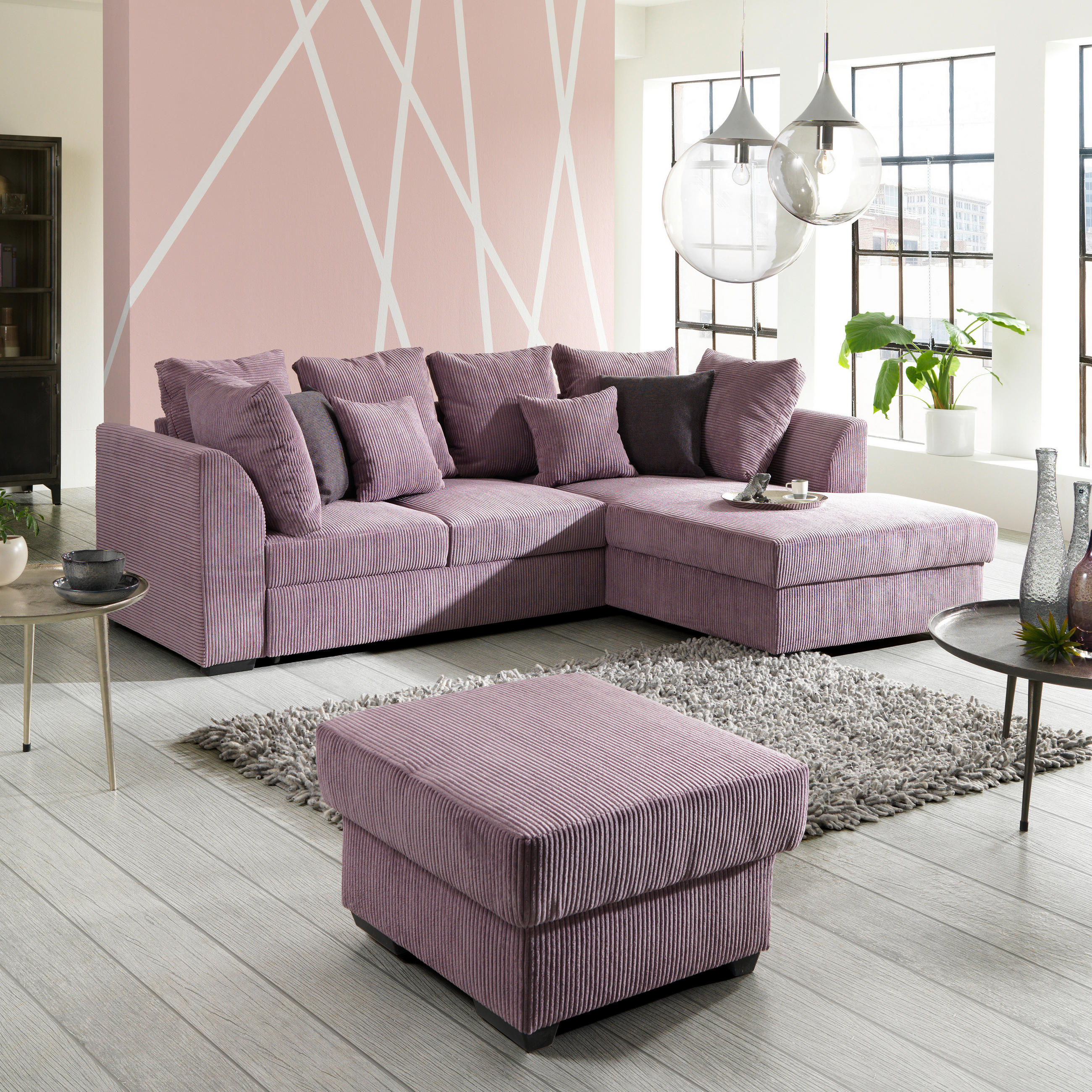 ECKSOFA inkl.Funktionen Pflaume Cord  - Pflaume/Schwarz, Design, Kunststoff/Textil (259/174cm) - Cantus