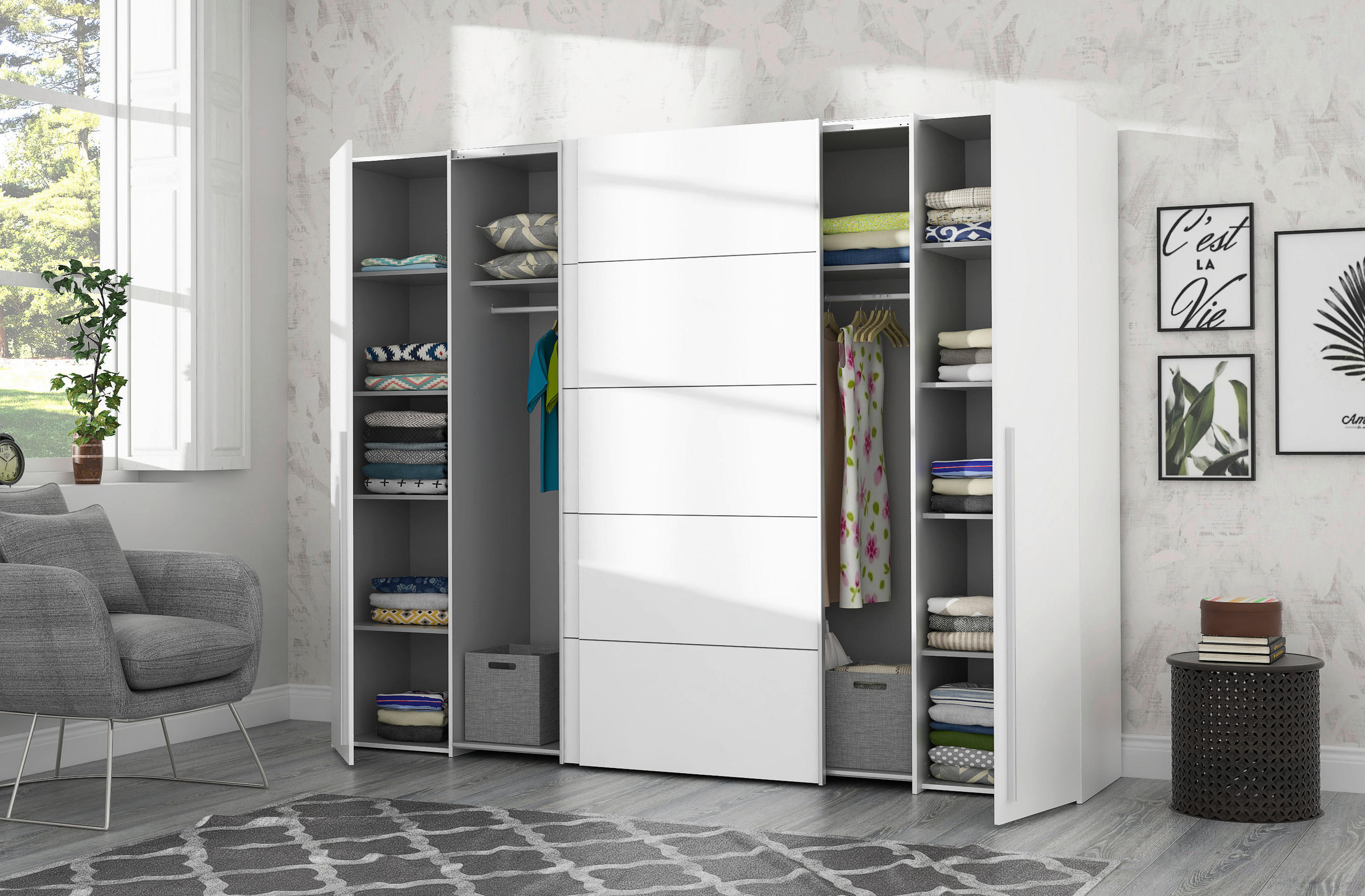 KLEIDERSCHRANK 270/210/61 cm 4-türig Weiß  - Alufarben/Weiß, MODERN, Holzwerkstoff/Kunststoff (270/210/61cm) - MID.YOU