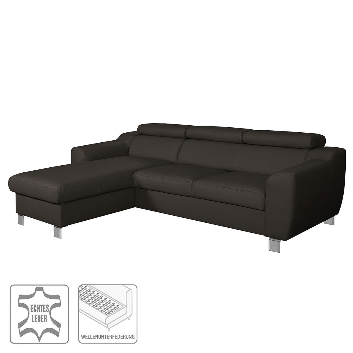 ECKSOFA in Lederlook Echtleder Dunkelbraun  - Chromfarben/Dunkelbraun, Design, Leder/Textil (176/242cm) - Livetastic