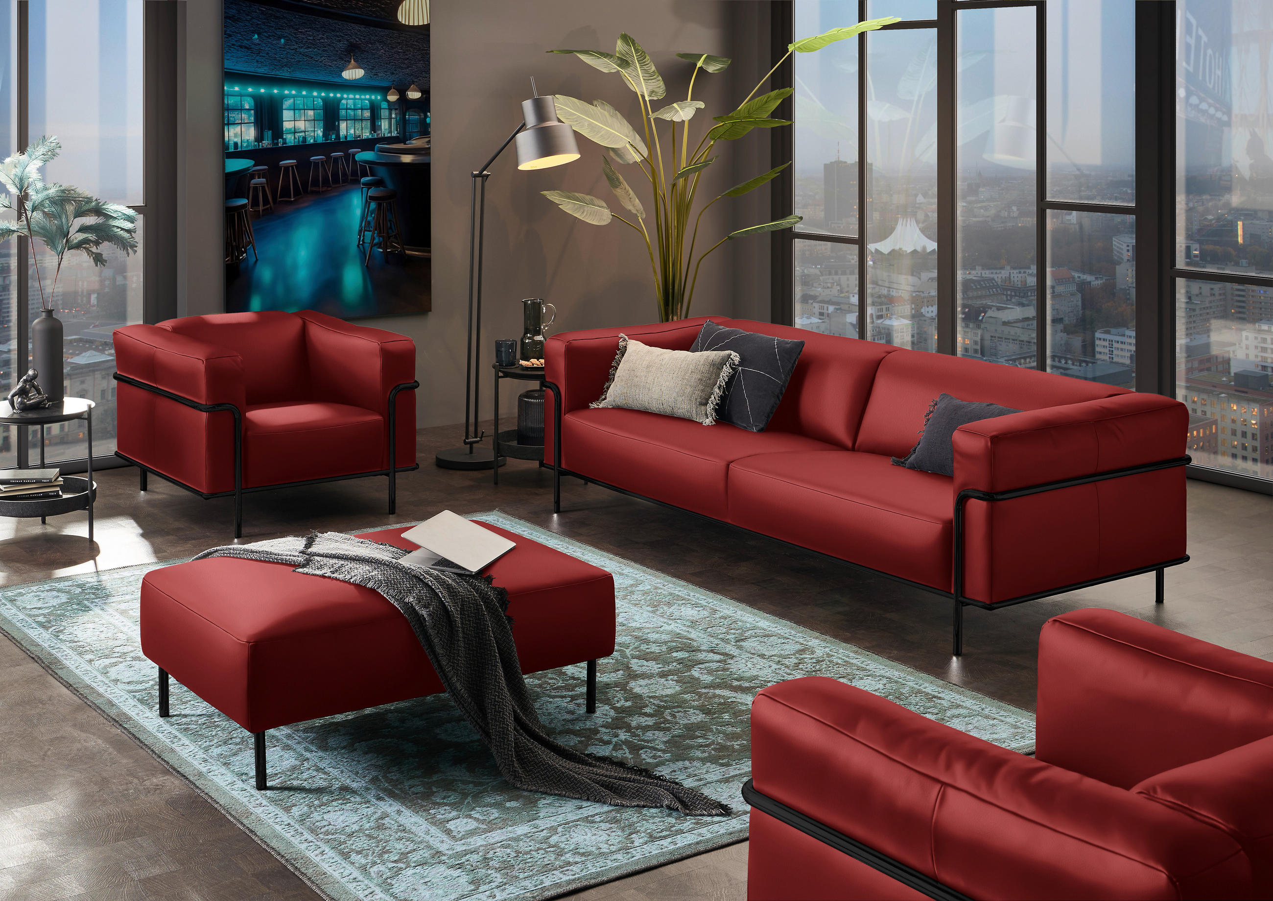 3-SITZER-SOFA in Echtleder Rot  - Rot/Schwarz, Design, Leder/Metall (236/67/96cm) - Johann Jakob