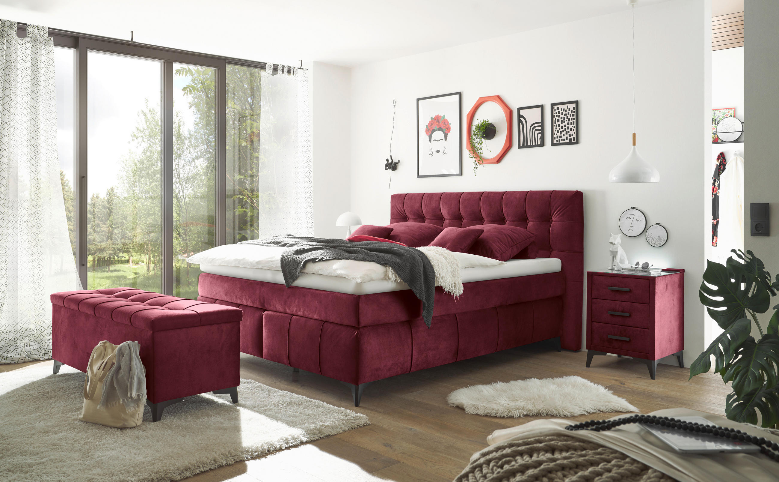 BETTBANK Mikrovelours Bordeaux  - Bordeaux/Schwarz, KONVENTIONELL, Kunststoff/Textil (139/58/50cm) - Modante