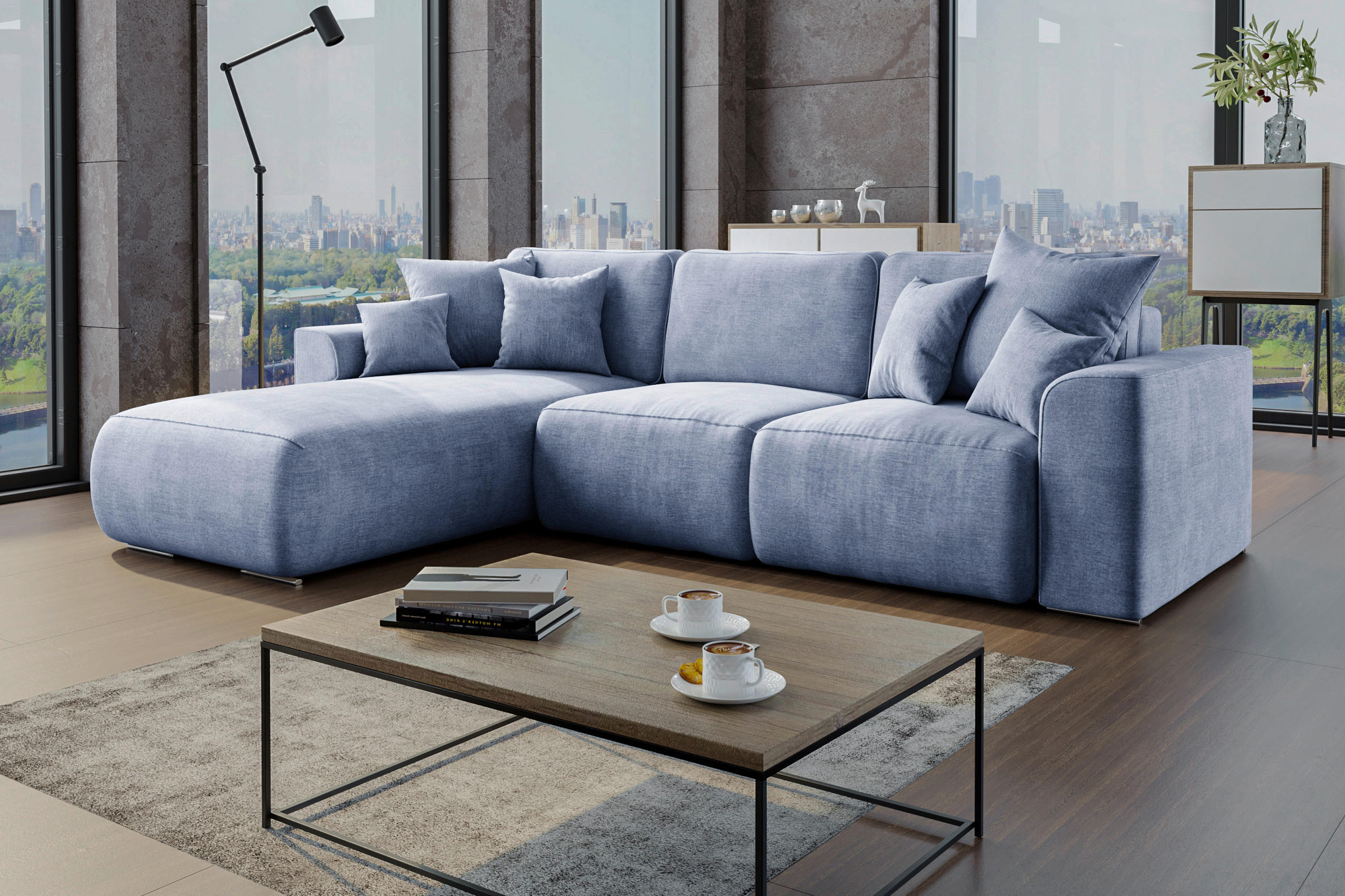 ECKSOFA in Samt Hellblau  195/293 cm  - Chromfarben/Hellblau, KONVENTIONELL, Kunststoff/Textil (195/293cm) - Carryhome