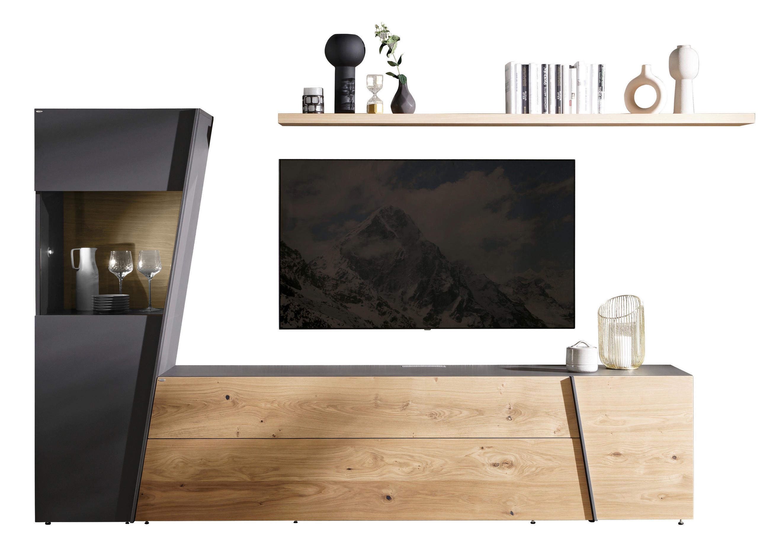 WOHNWAND  Graphitfarben, Wildeiche 285/162/44,5 cm  - Wildeiche/Anthrazit, Natur, Holz/Holzwerkstoff (285/162/44,5cm) - Voglauer