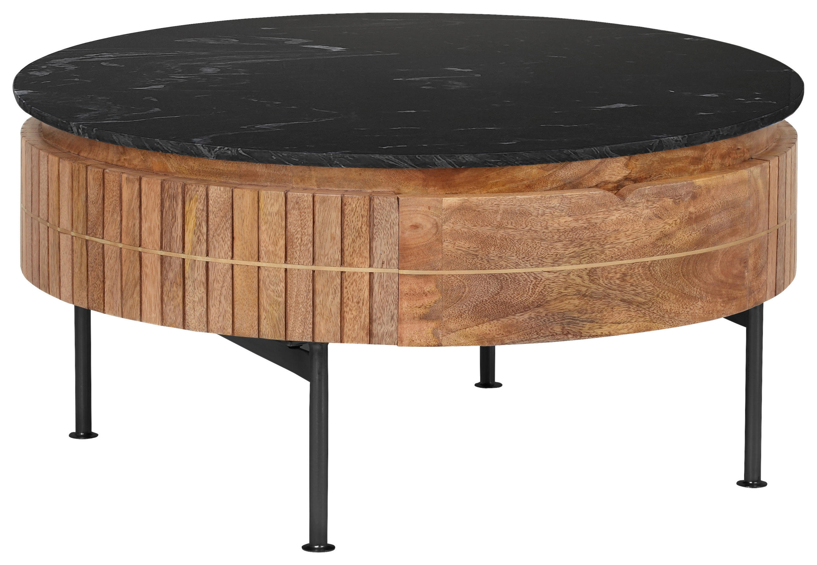 COUCHTISCH NO Mangoholz Hartholz 85/85/45 cm rund Schwarz, Hellbraun  - Hellbraun/Goldfarben, Design, Holz/Stein (85/85/45cm) - Novel