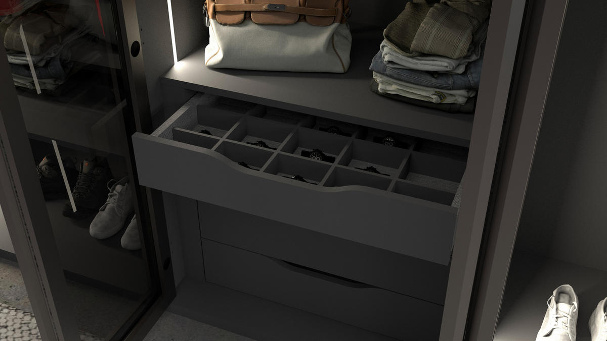 KLEIDERSCHRANK 251/220/60 cm,  in Anthrazit, 6-türig  - Anthrazit, KONVENTIONELL, Glas/Holzwerkstoff (251/220/60cm) - Chameo