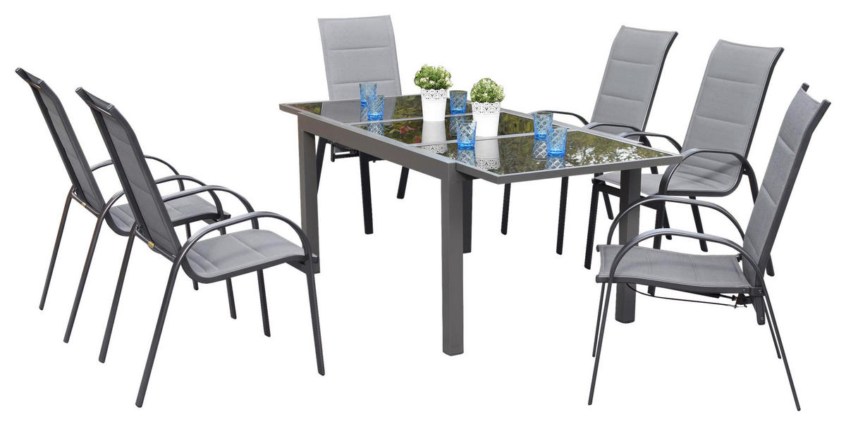 GARTENTISCHGRUPPE  - Graphitfarben/Grau, KONVENTIONELL, Glas/Textil - Gardenson