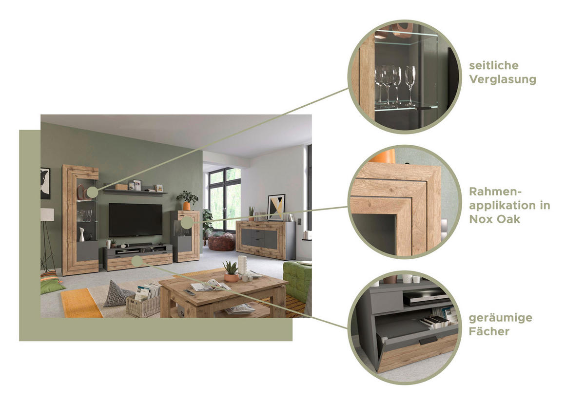 WOHNWAND 4-teilig  in  290/195/40 cm  - KONVENTIONELL, Glas/Holzwerkstoff (290/195/40cm) - MID.YOU
