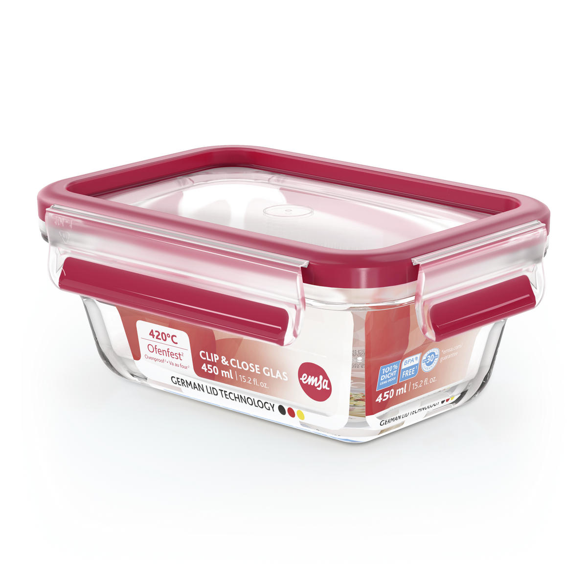 FRISCHHALTEDOSE CLIP & CLOSE GLAS 0,45 L  - Rot, Basics, Glas/Kunststoff (16,8/11,8/7cm) - Emsa