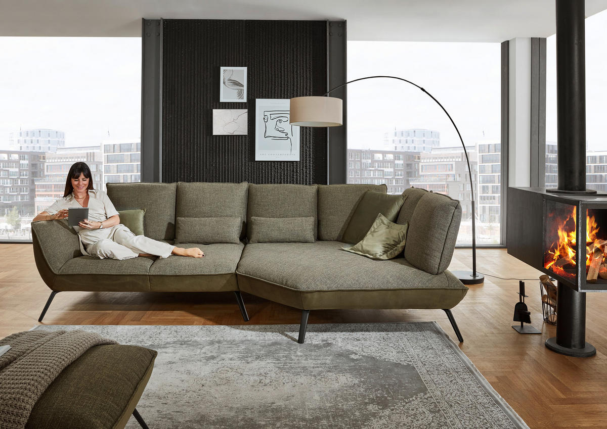 ECKSOFA in Flachgewebe Olivgrün  - Schwarz/Olivgrün, Design, Textil/Metall (320/169cm) - Moderano