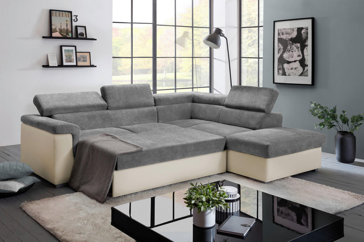 ECKSOFA Anthrazit, Braun Lederlook, Flachgewebe  - Anthrazit/Braun, Basics, Holz/Textil (252/217cm) - MID.YOU
