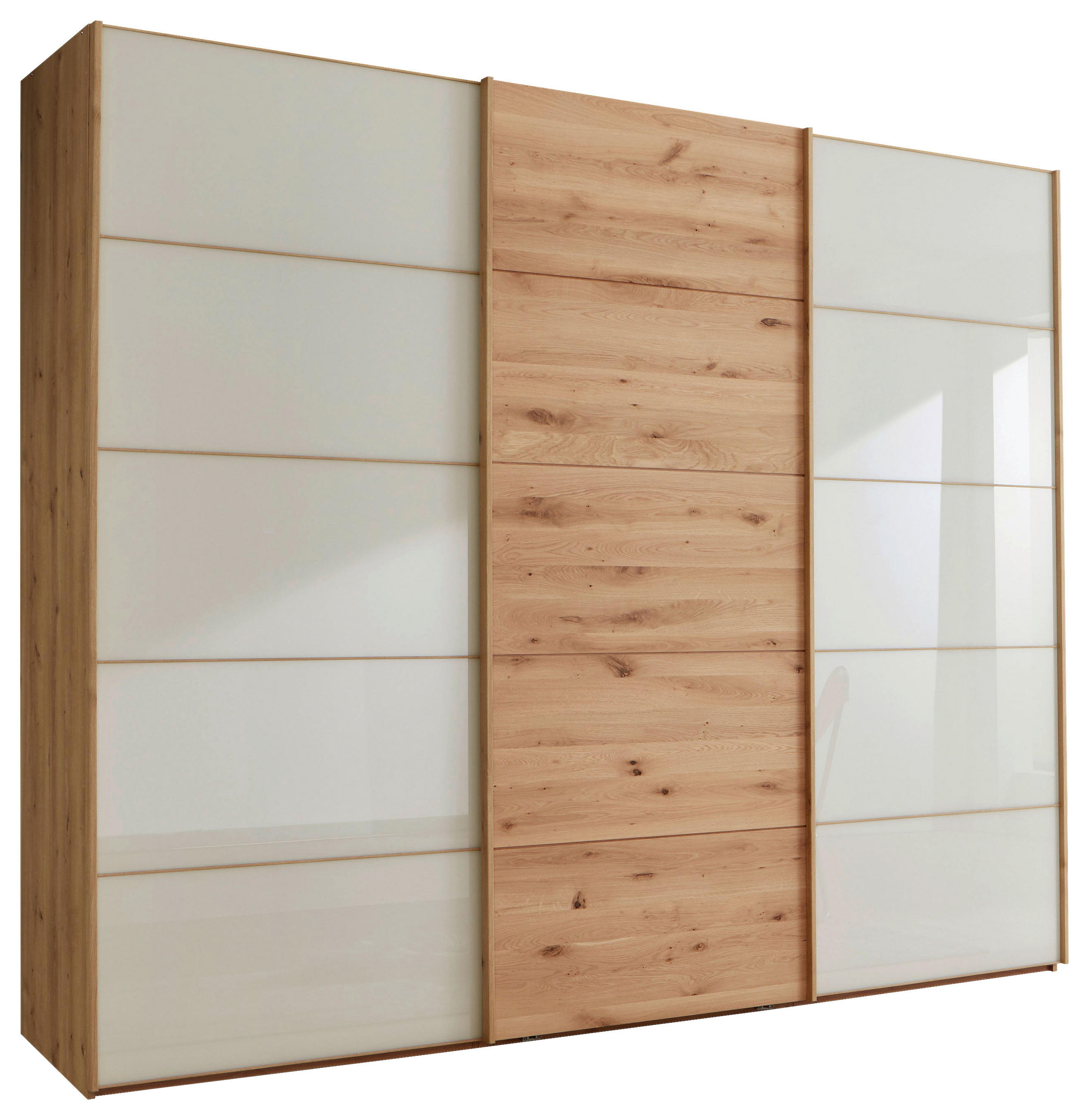 SCHWEBETÜRENSCHRANK  in Champagner, Eiche Bianco  - Eiche Bianco/Champagner, Natur, Glas/Holz (250/236/67cm) - Linea Natura
