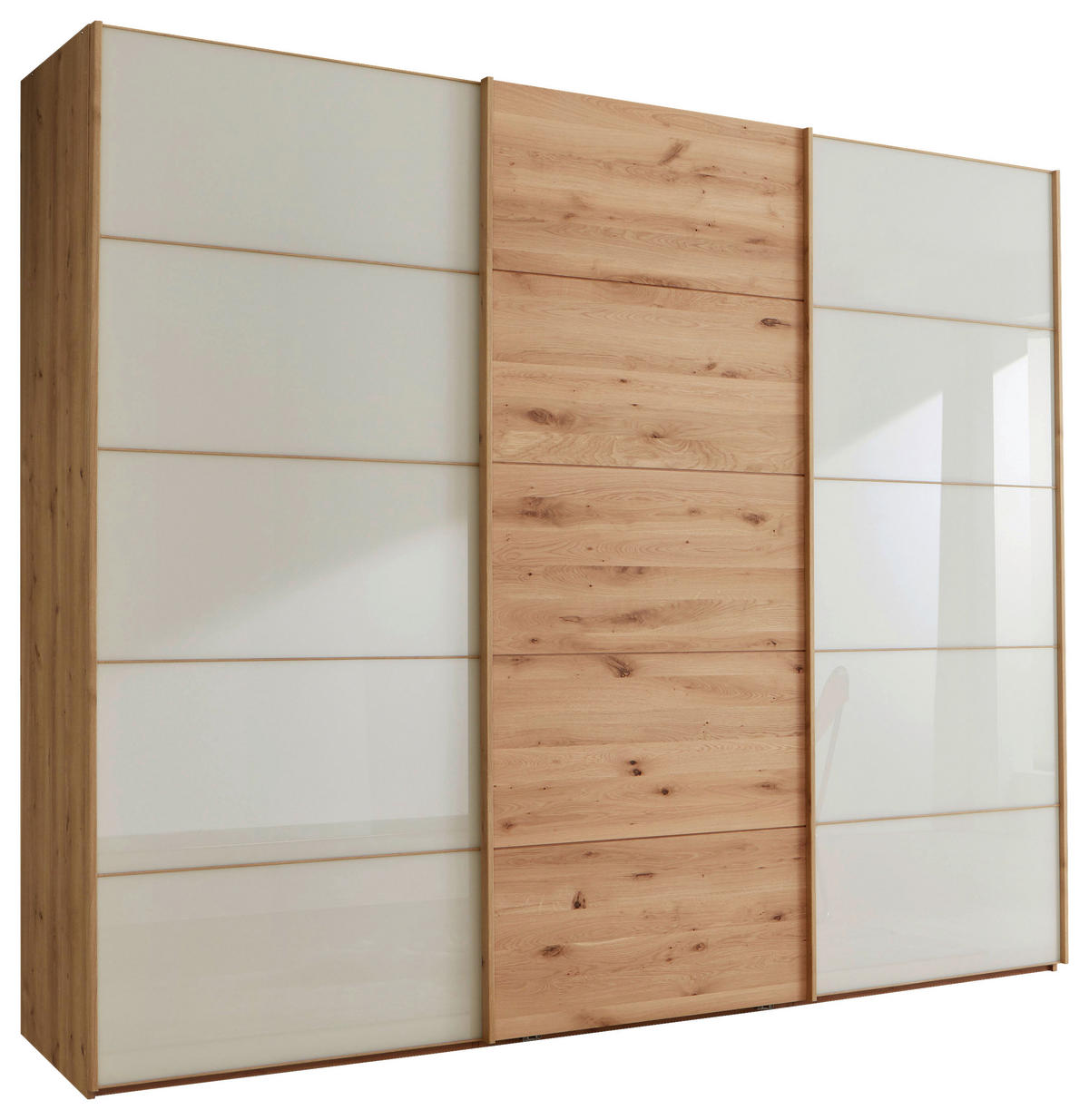 SCHWEBETÜRENSCHRANK Champagner, Eiche Bianco  - Eiche Bianco/Champagner, Natur, Glas/Holz (250/236/67cm) - Linea Natura