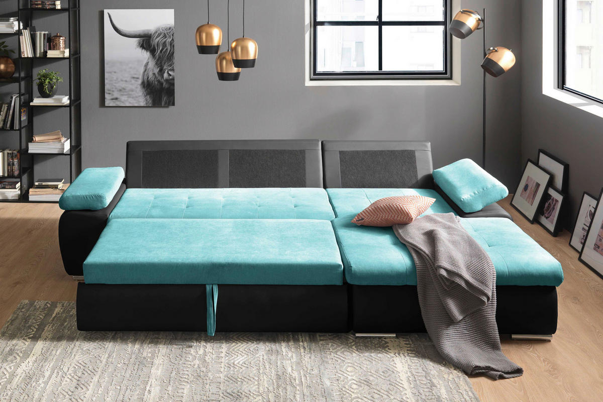 ECKSOFA in Flachgewebe Schwarz, Türkis  271/175 cm  - Türkis/Schwarz, Design, Kunststoff/Textil (271/175cm) - Xora