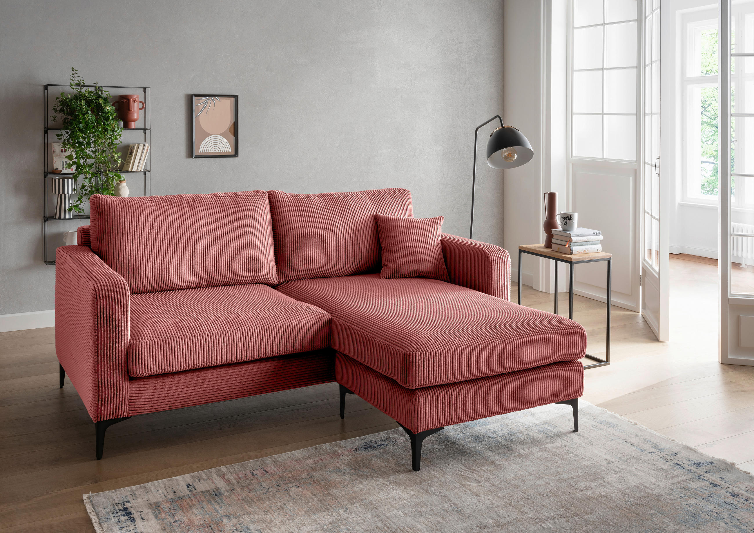 ECKSOFA Eliza Koralle Cord  - Koralle/Schwarz, Basics, Textil/Metall (204/153cm) - Livetastic