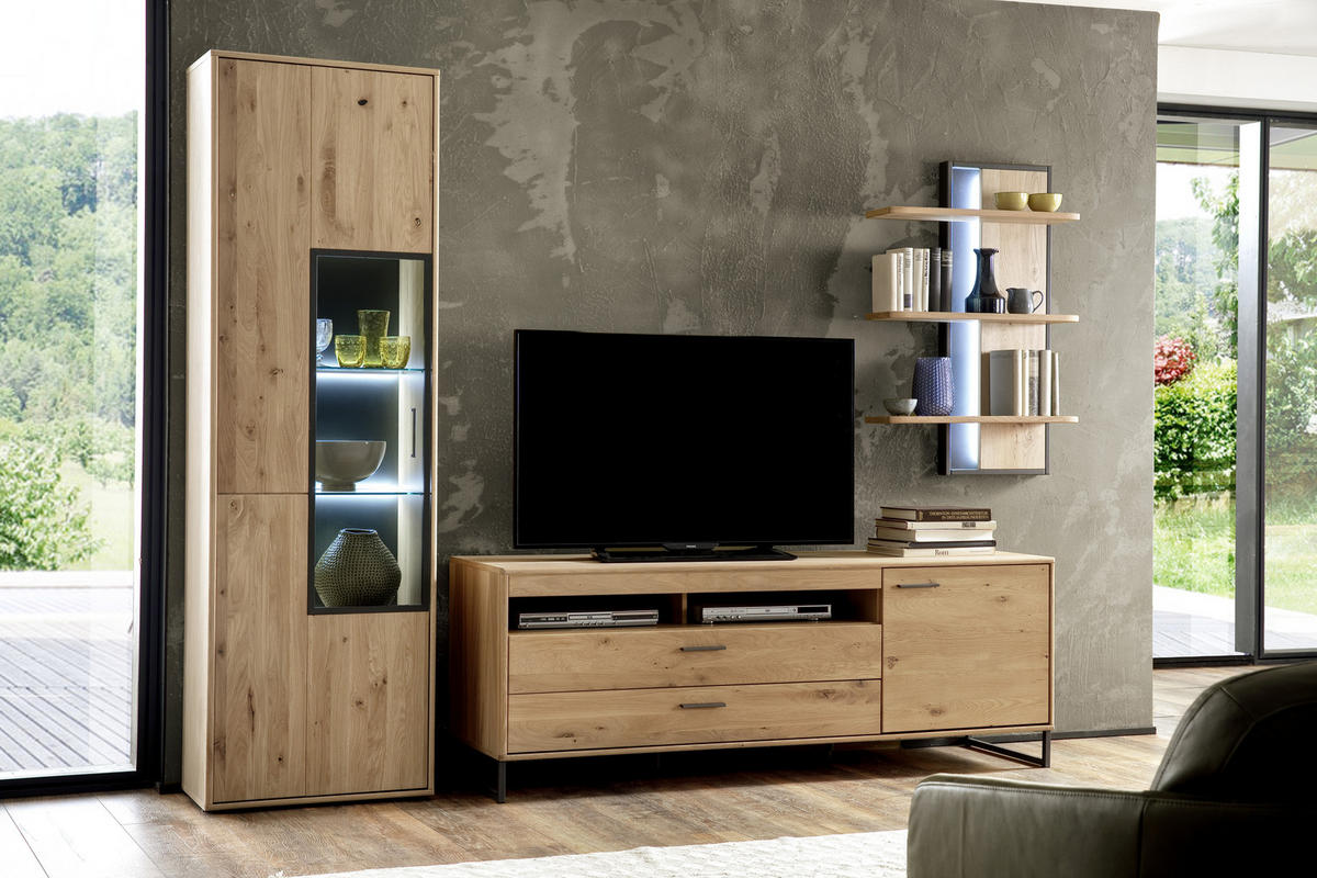 WOHNWAND  in Eichefarben  298/207/50 cm  - Eichefarben/Schwarz, Design, Glas/Holz (298/207/50cm) - Livetastic