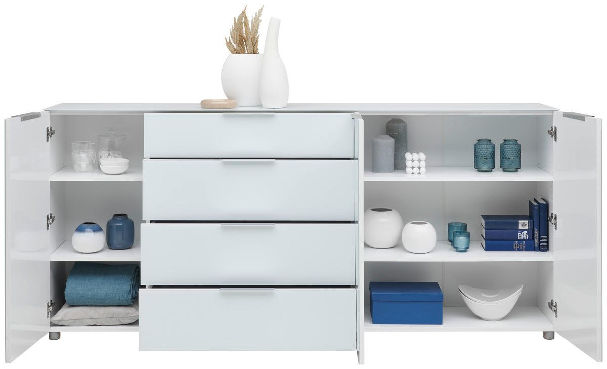 SIDEBOARD  in 225/101/40 cm  - Chromfarben/Weiß Hochglanz, Basics, Glas/Holzwerkstoff (225/101/40cm) - Voleo