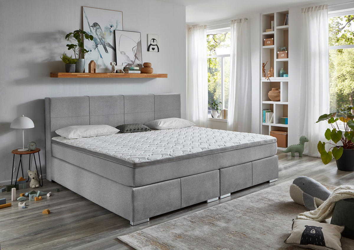 FAMILIENBOXSPRINGBETT 240/200 cm  in Hellgrau  - Chromfarben/Hellgrau, KONVENTIONELL, Holz/Kunststoff (240/200cm) - Boxxx
