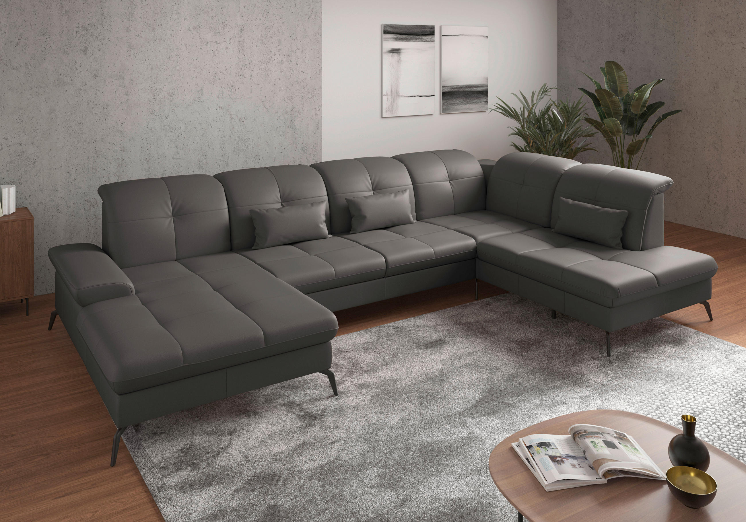 WOHNLANDSCHAFT in Vliesstoff Kombination Echtleder/Stoff Mokka  - Schwarz/Mokka, KONVENTIONELL, Leder/Textil (185/357/231cm) - Sit & More