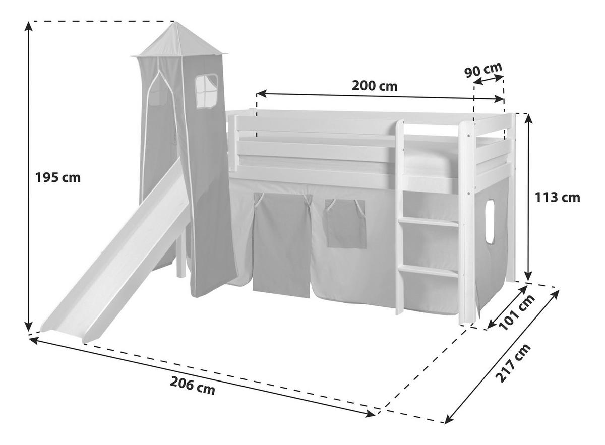 SPIELBETT Absturzsicherung, Leiter, Rutsche, Turm, Vorhang 90/200 cm  in Rosa, Weiß, Hellrosa  - Hellrosa/Rosa, Natur, Holz (90/200cm) - MID.YOU