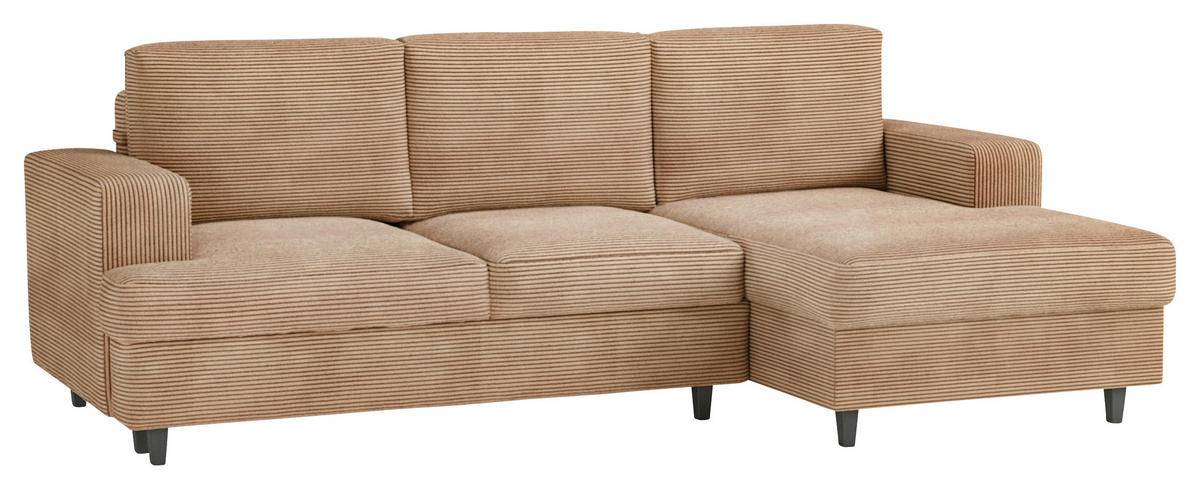 ECKSOFA in Cord, Velours Hellbraun  - Hellbraun/Schwarz, Design, Holz/Textil (247/140cm) - MID.YOU