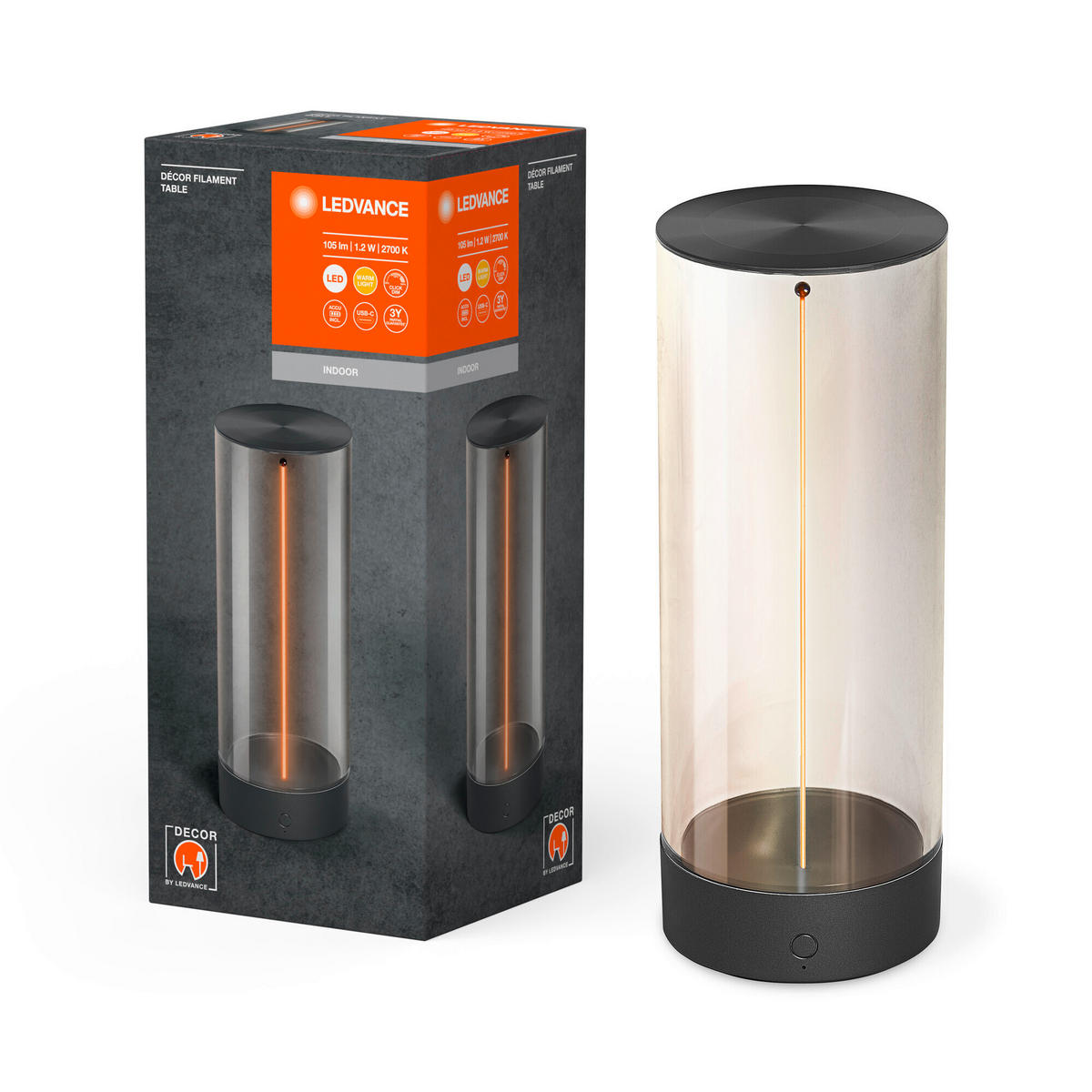 AKKU-TISCHLEUCHTE Decor Filament 9/24 cm   - Transparent/Dunkelgrau, Basics, Kunststoff (9/24cm) - Ledvance