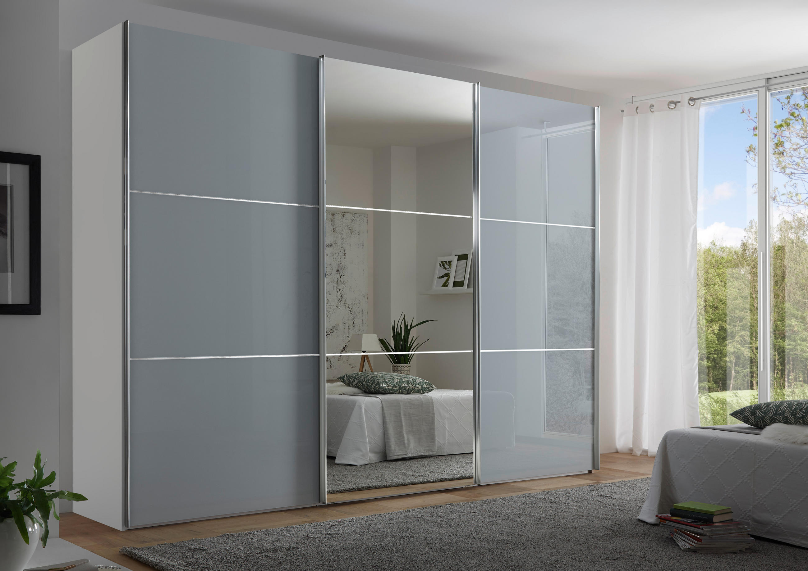 SCHWEBETÜRENSCHRANK 298/222/68 cm 3-türig Weiß, Hellgrau  - Chromfarben/Hellgrau, KONVENTIONELL, Glas/Holzwerkstoff (298/222/68cm) - Moderano