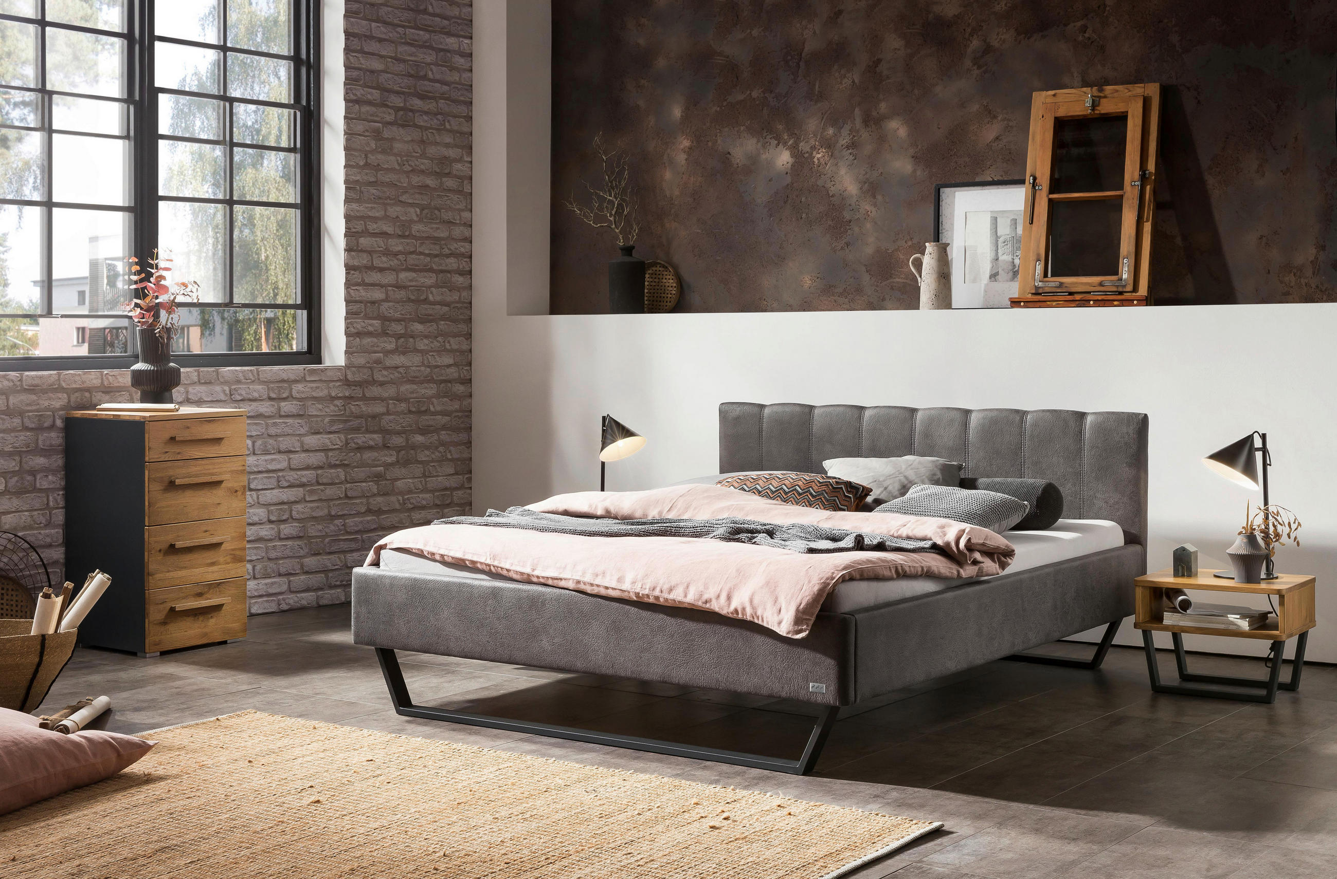 POLSTERBETT gepolstertes Kopfteil 160/200 cm  in Anthrazit  - Anthrazit, KONVENTIONELL, Textil/Metall (160/200cm) - Hasena