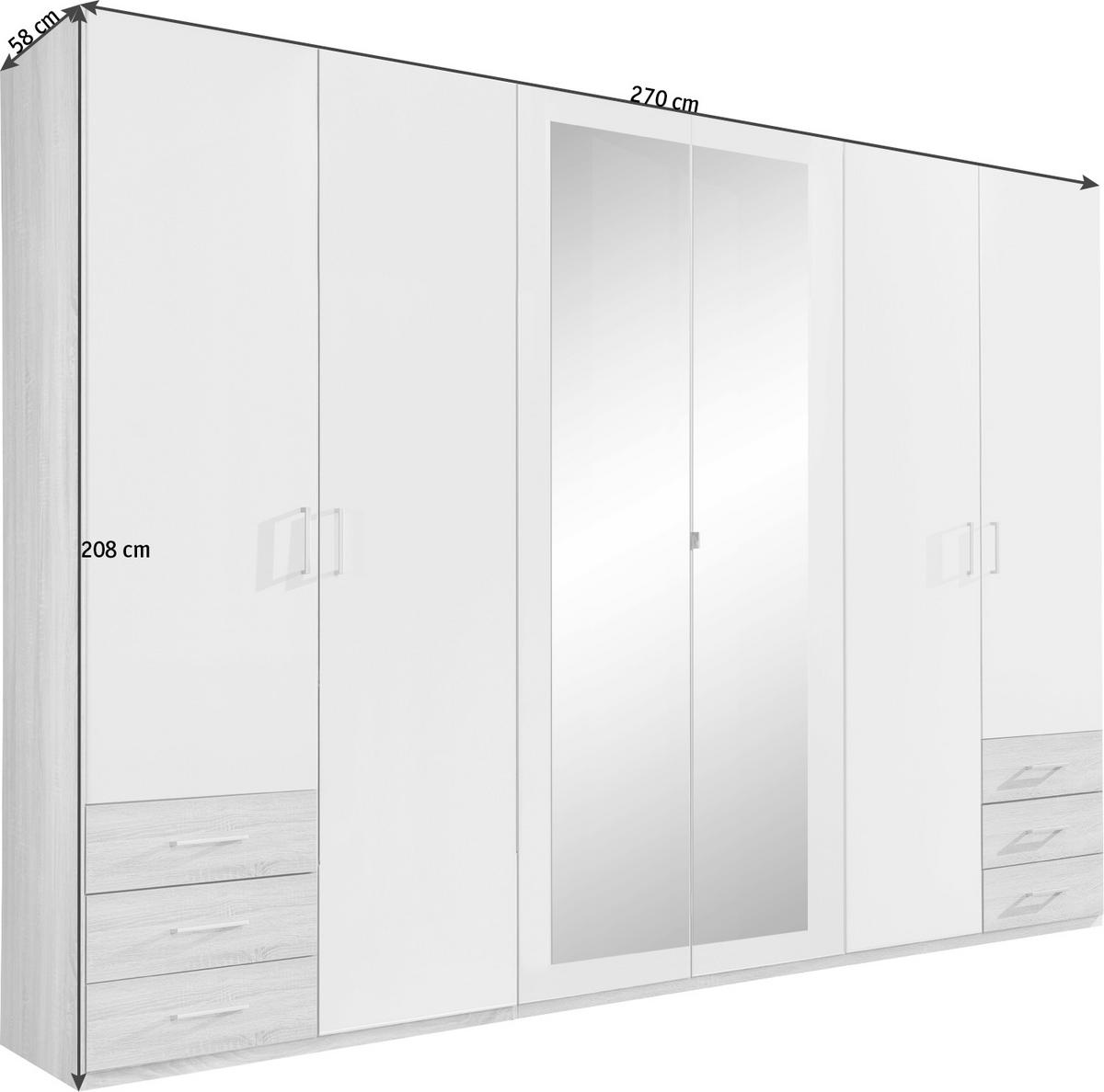KLEIDERSCHRANK 270/208/58 cm 6-türig Weiß, Eichefarben  - Eichefarben/Alufarben, Design, Glas/Holzwerkstoff (270/208/58cm) - Boxxx