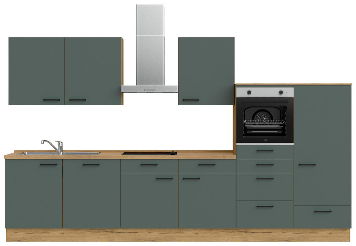 KÜCHENBLOCK Easytouch 360 cm  in Eichefarben, Dunkelgrün  - Dunkelgrün/Eichefarben, MODERN, Holzwerkstoff/Metall (360cm) - Nobilia