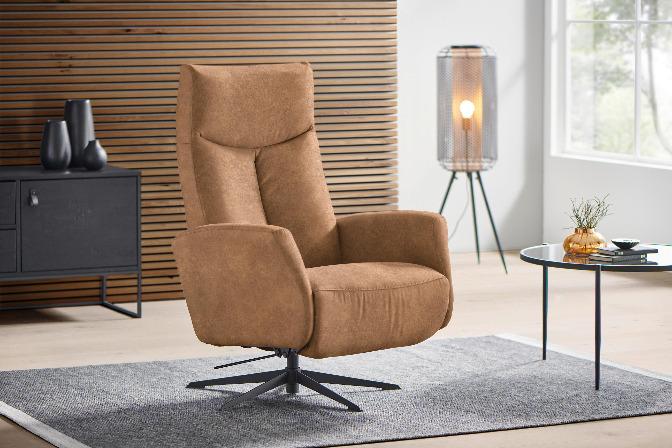 RELAXSESSEL Mikrofaser Relaxfunktion, Fußteilverstellung    - Hellbraun/Schwarz, Design, Textil/Metall (73/105/82cm) - Welnova