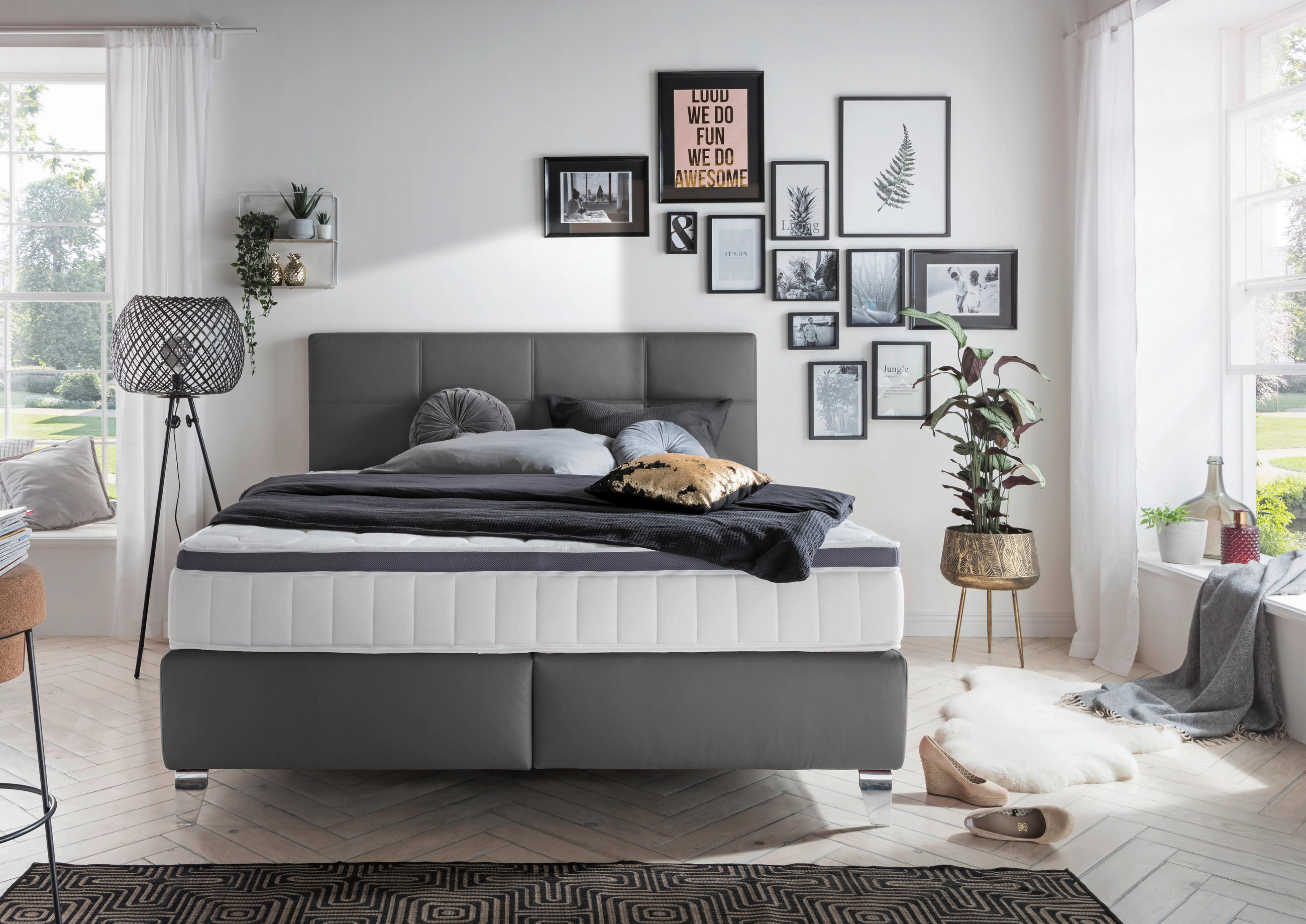 BOXSPRINGBETT - Chromfarben/Anthrazit, KONVENTIONELL, Leder/Textil (180/200cm) - Novel