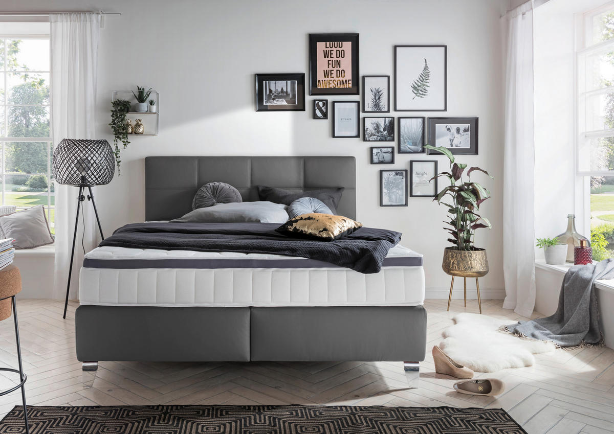 BOXSPRINGBETT 180/200 cm  in Anthrazit  - Chromfarben/Anthrazit, KONVENTIONELL, Leder/Textil (180/200cm) - Novel