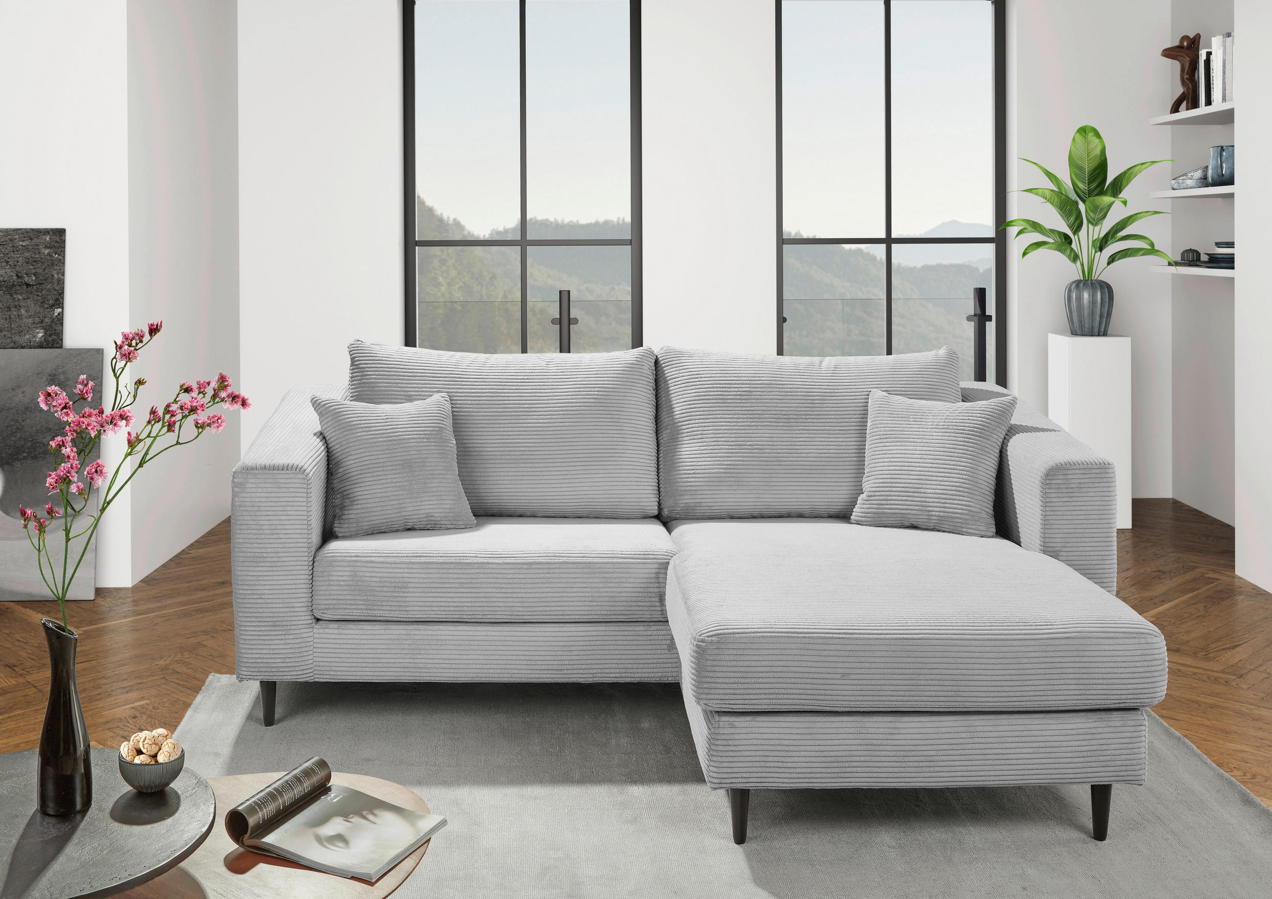 ECKSOFA in Cord Hellgrau  - Hellgrau/Schwarz, Konventionell, Holz/Textil (212/155cm) - Carryhome