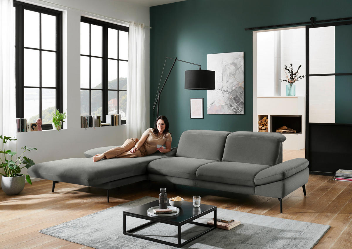 ECKSOFA in Chenille Grau  - Schwarz/Grau, Design, Textil/Metall (188/319cm) - Beldomo System