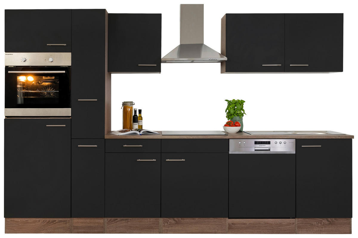 KÜCHENBLOCK 310 cm   in Schwarz, Eichefarben  - Edelstahlfarben/Eichefarben, Design, Holzwerkstoff/Metall (310cm) - Respekta