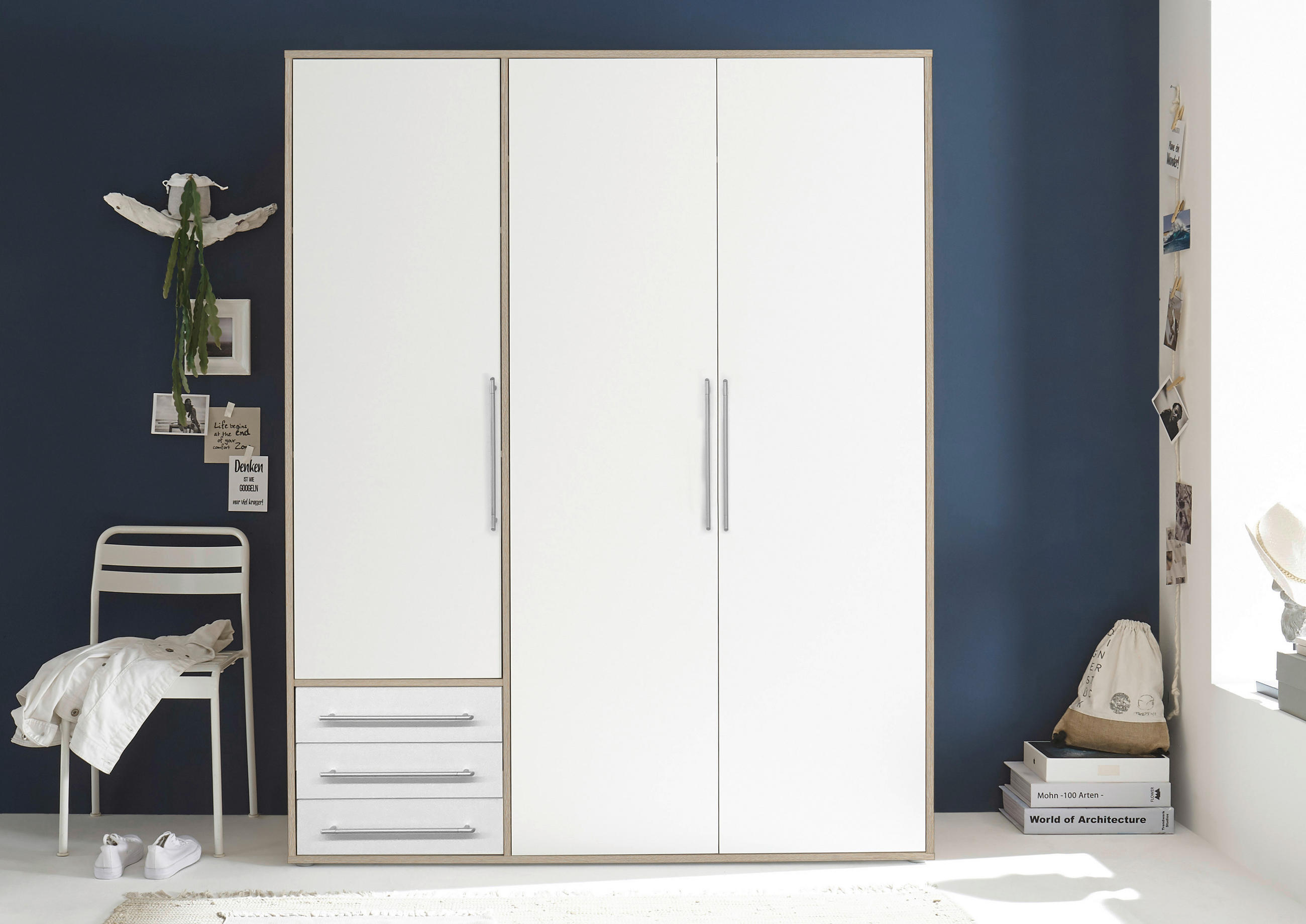 DREHTÜRENSCHRANK 155/194/58 cm 3-türig Weiß, Eiche San Remo  - Silberfarben/Weiß, MODERN, Holzwerkstoff/Kunststoff (155/194/58cm) - Livetastic