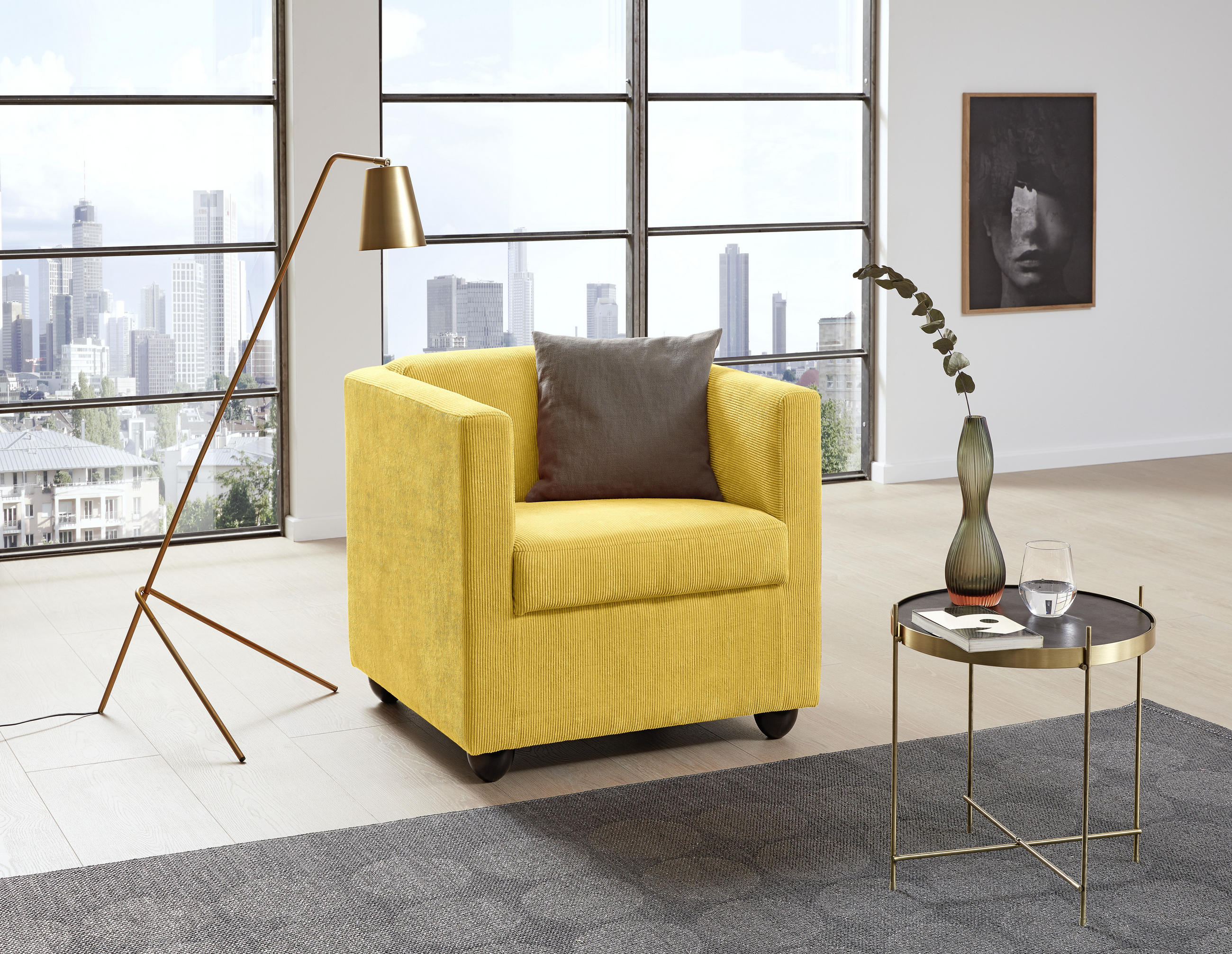 SESSEL in Cord Gelb  - Gelb/Schwarz, Design, Holz/Textil (72/71/75cm) - LOOKS by W.Joop