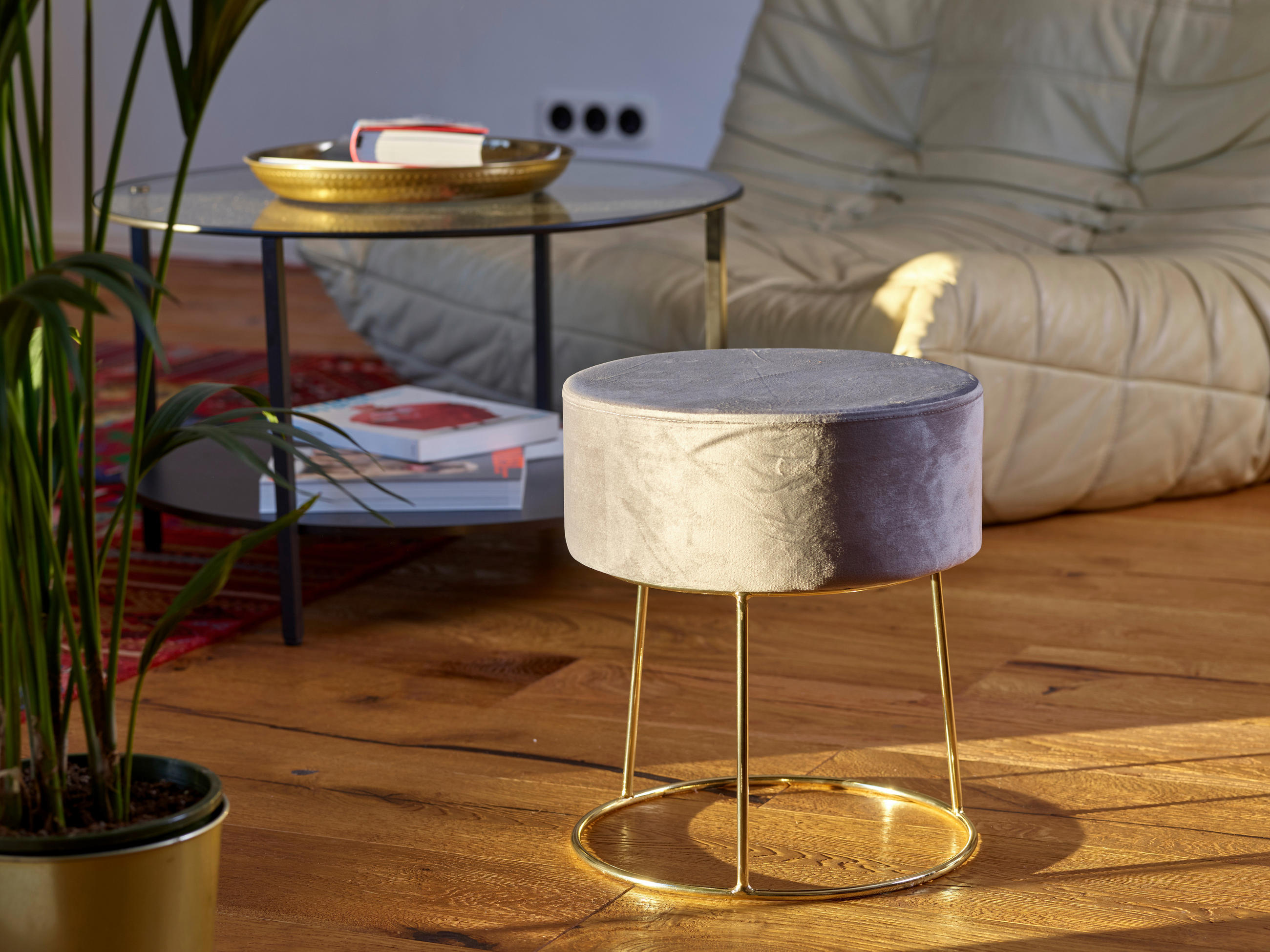 HOCKER Samt Grau  - Goldfarben/Grau, Design, Textil/Metall (35,5/40,5/35,5cm) - Echtwerk