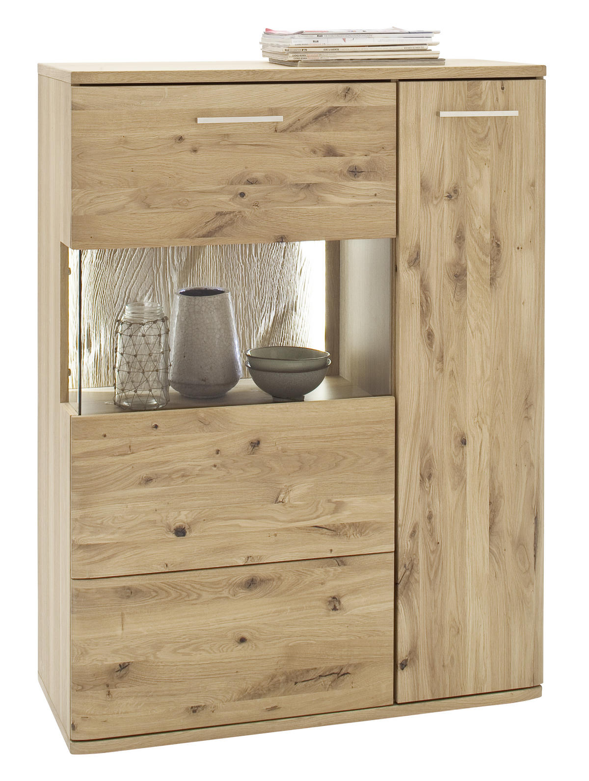 HIGHBOARD ohne Beleuchtung,  in 90/122/37 cm  - Eichefarben/Schwarz, Design, Glas/Holz (90/122/37cm) - Livetastic