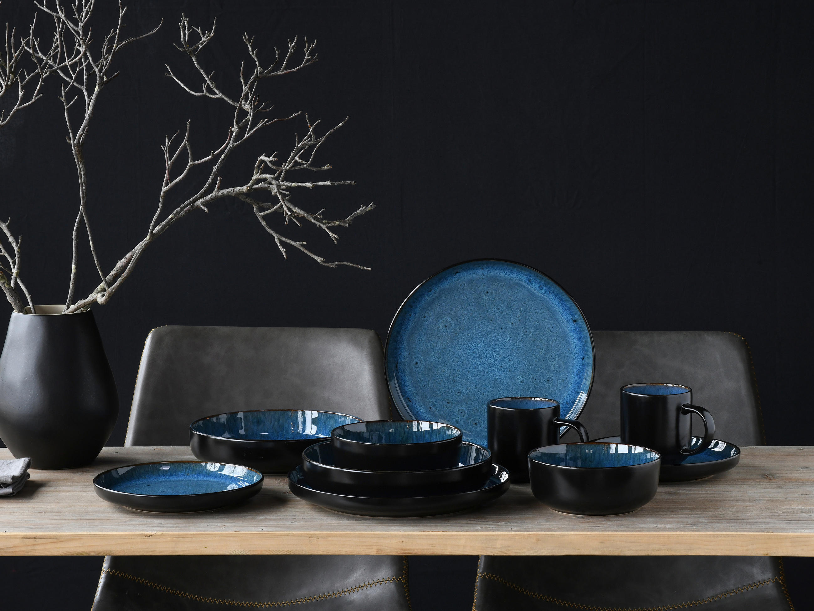 KOMBISERVICE Nordic Fjord Beige 16-teilig  - Schwarz/Hellblau, Basics, Keramik (38/31/38cm) - Creatable