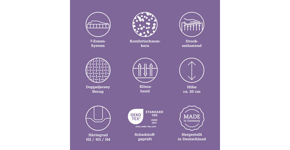 GELSCHAUMMATRATZE 90/200 cm, Höhe ca.: 20 cm, H3 = fest, 7-Zonen - Weiß, Basics, Textil (90/200cm) - Sleeptex