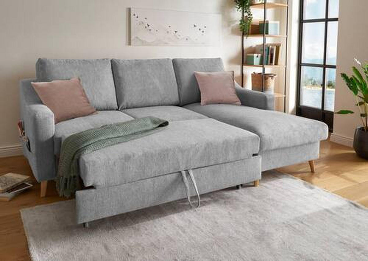 ECKSOFA Grau Mikrofaser  - Dunkelrosa/Naturfarben, Design, Holz/Textil (228/150cm) - MID.YOU