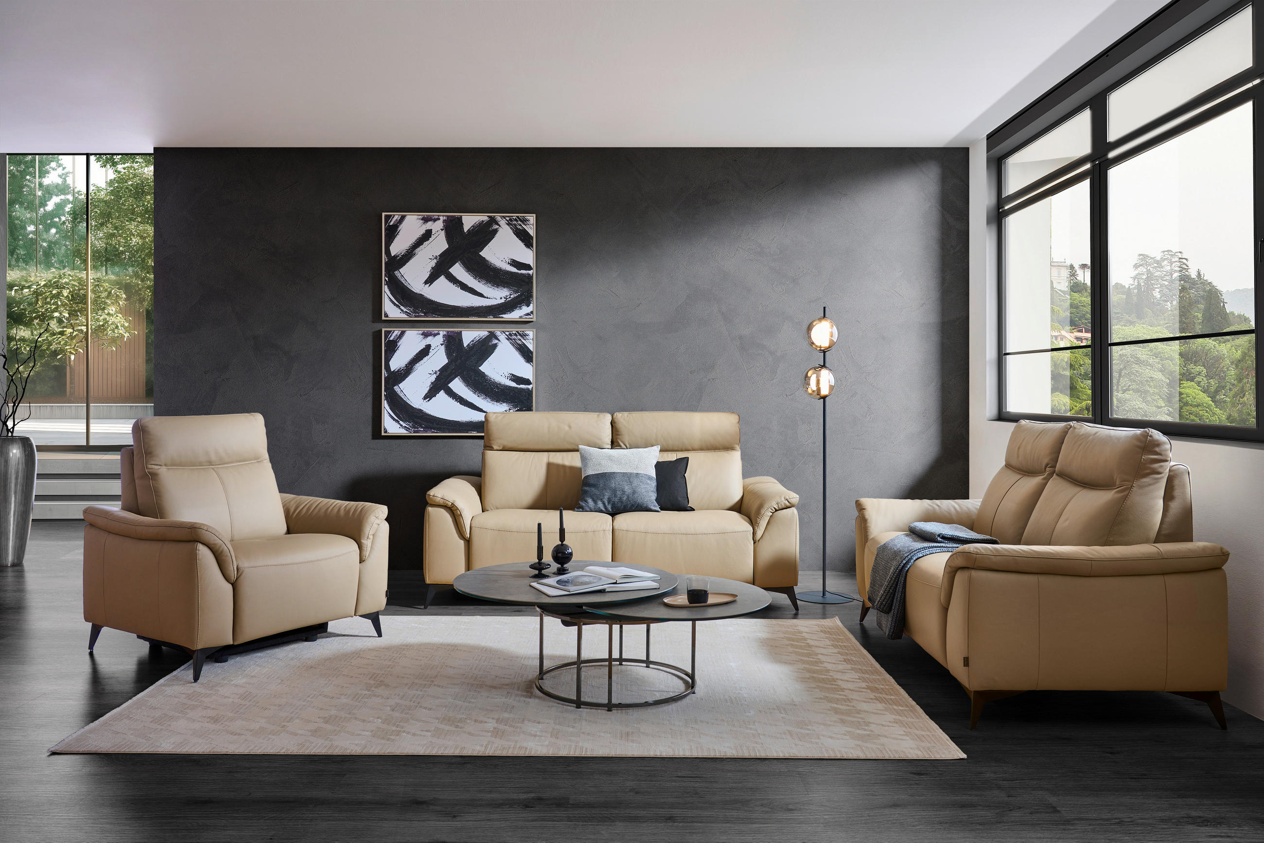 2-SITZER-SOFA Beige Echtleder  - Beige/Schwarz, Design, Leder/Metall (176/105/98cm) - Emilio Belluti