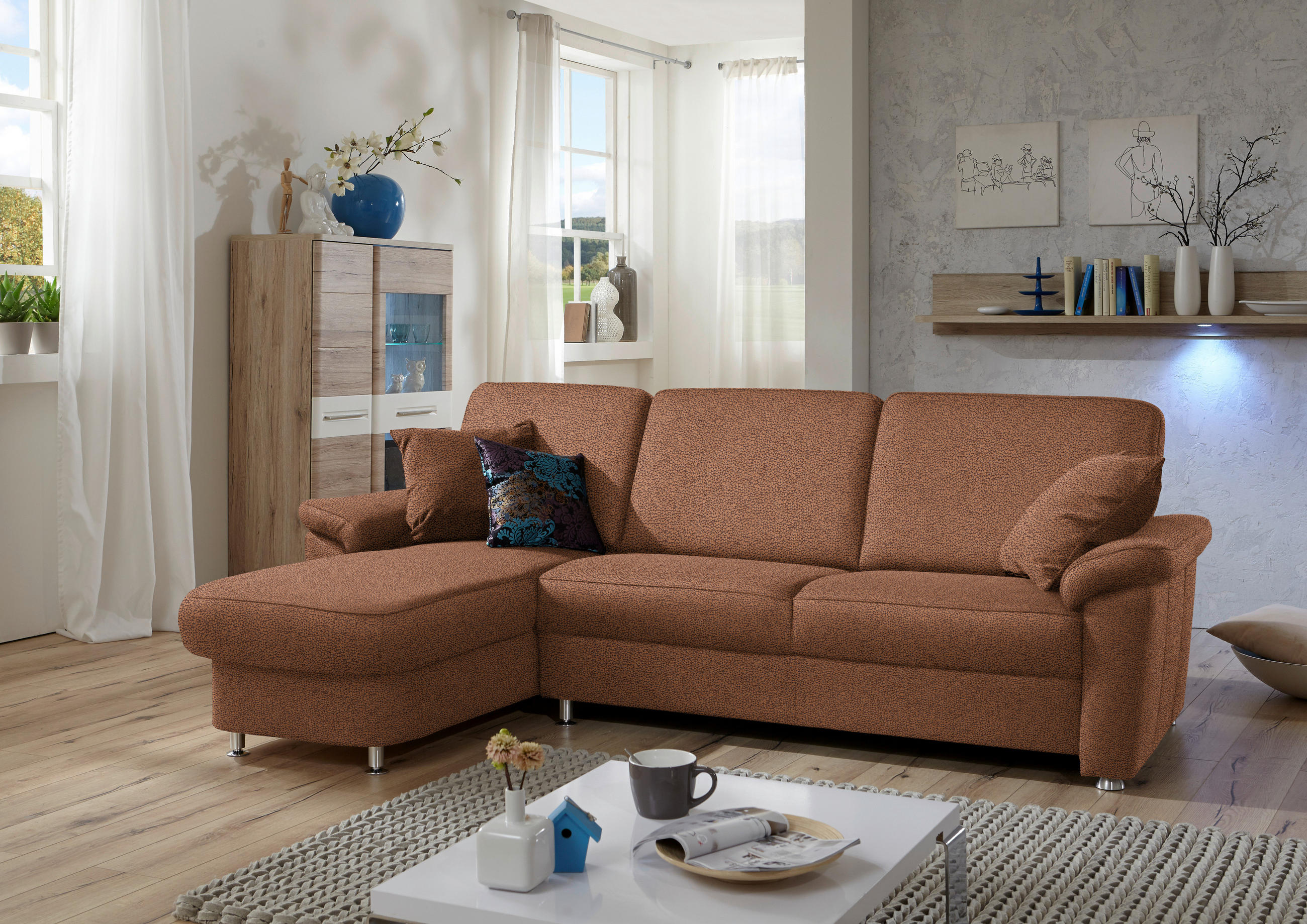 ECKSOFA in Flachgewebe Braun  - Chromfarben/Braun, Konventionell, Textil/Metall (163/250cm) - Beldomo System