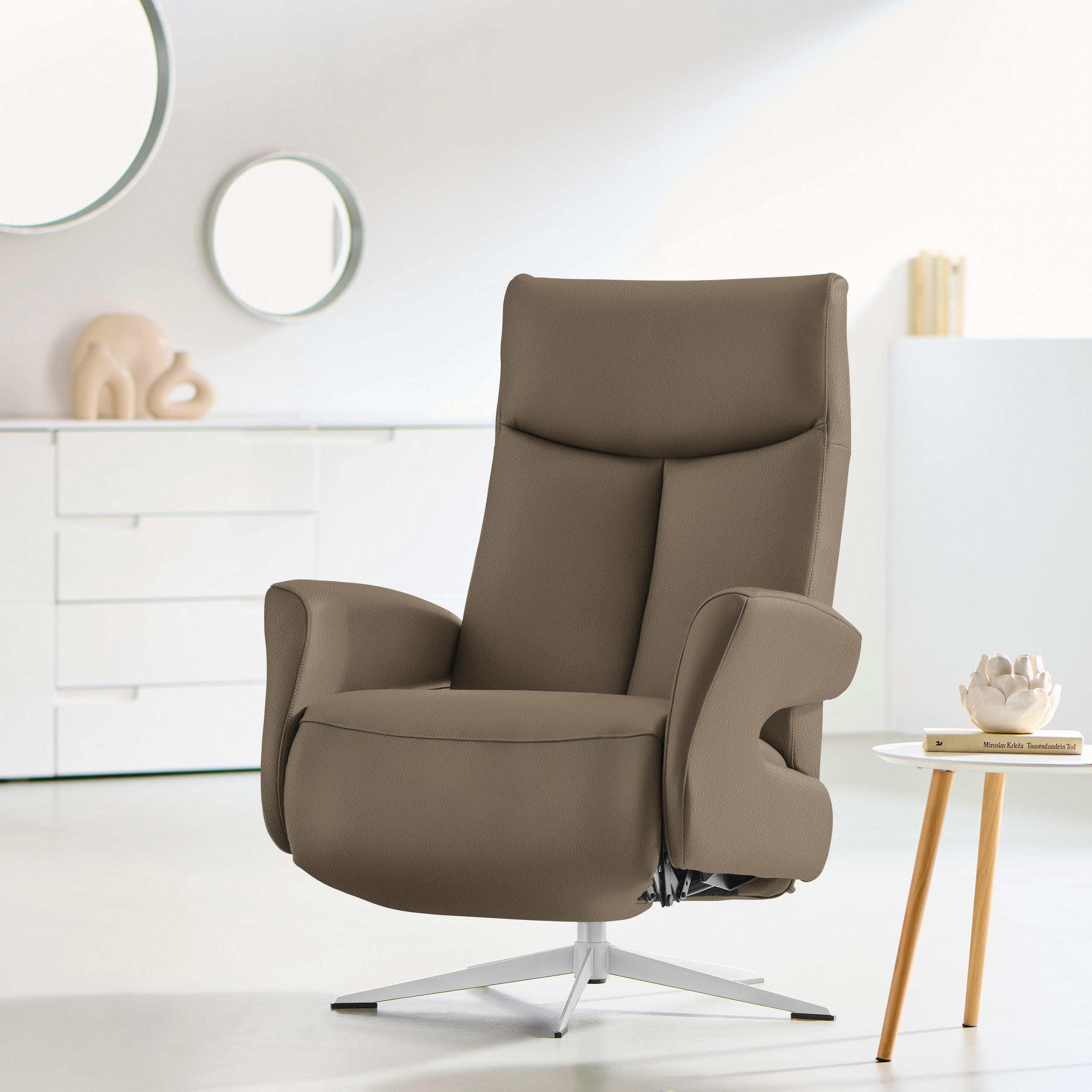 RELAXSESSEL Echtleder Relaxfunktion    - Chromfarben/Hellbraun, Design, Leder/Metall (74/105/82cm) - Welnova