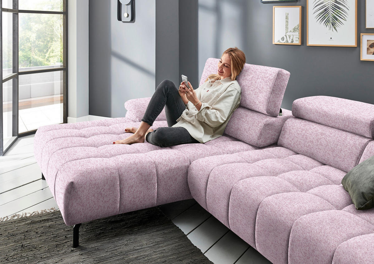 ECKSOFA in Chenille Rosa  - Schwarz/Rosa, Design, Textil/Metall (190/329cm) - Beldomo Style