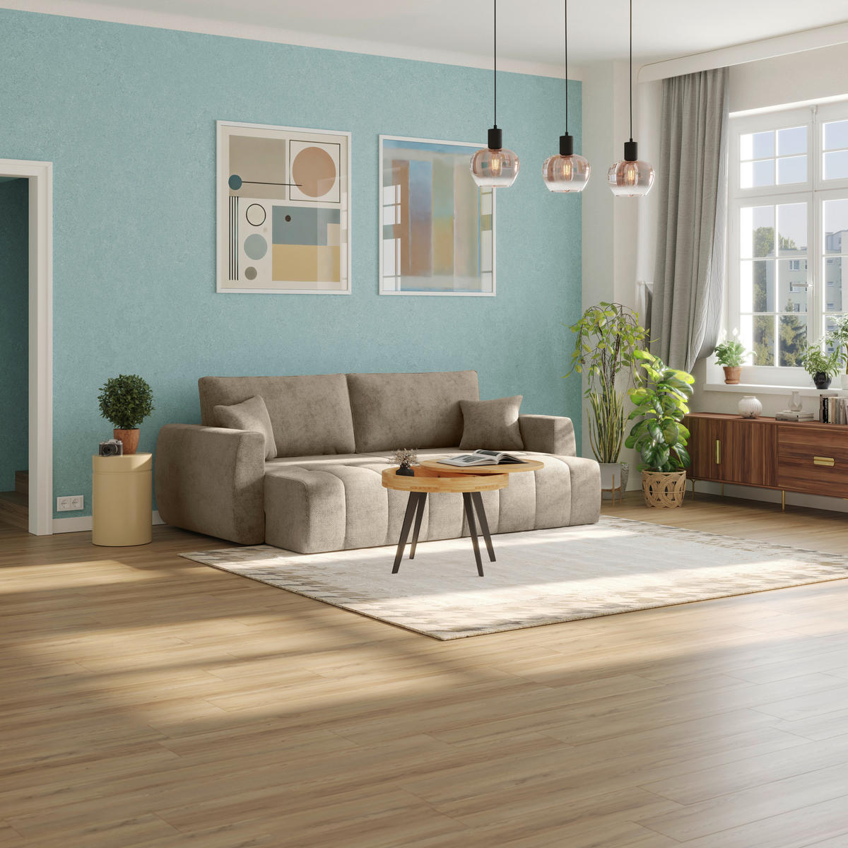 SCHLAFSOFA  mit Stoffauswahl Webstoff Hellbraun  - Hellbraun/Schwarz, MODERN, Holz/Textil (245/74-90/104cm) - MID.YOU