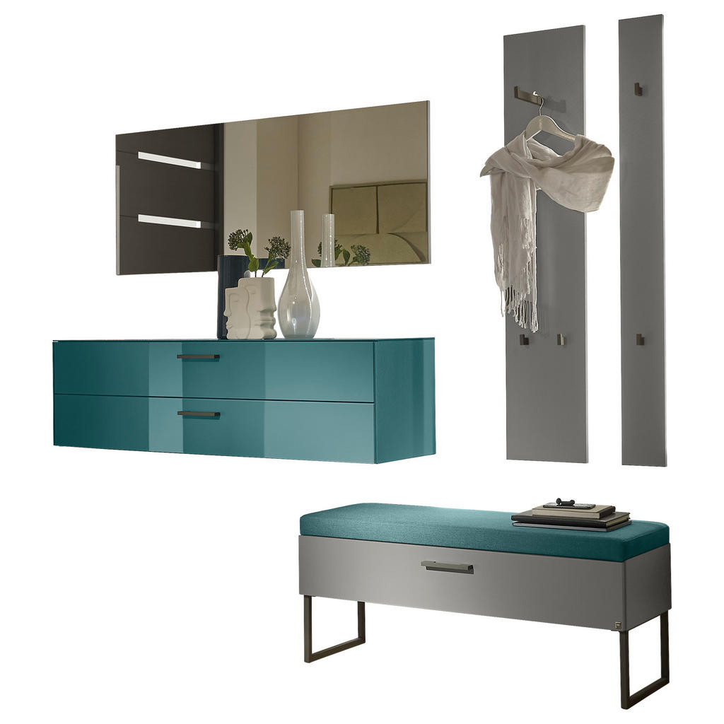 Thumbnail - Musterring Garderobe, Anthrazit, Türkis, Hellgrau, Glas, Textil, Holzwerkstoff, 6-teilig, 2 Schubladen, 220x200x40 cm, G...