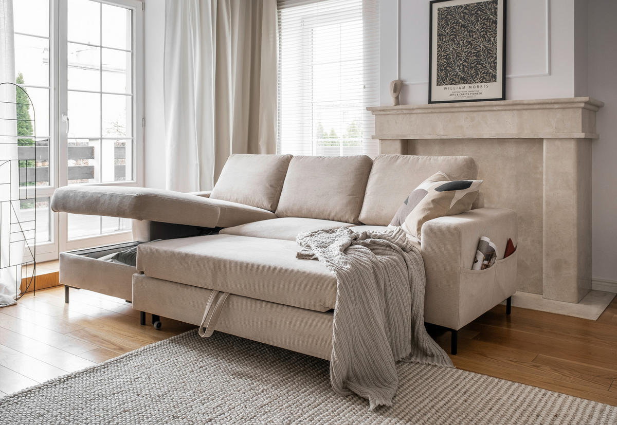 ECKSOFA Beige Cord  - Beige/Schwarz, Design, Textil/Metall (148/236cm) - MID.YOU
