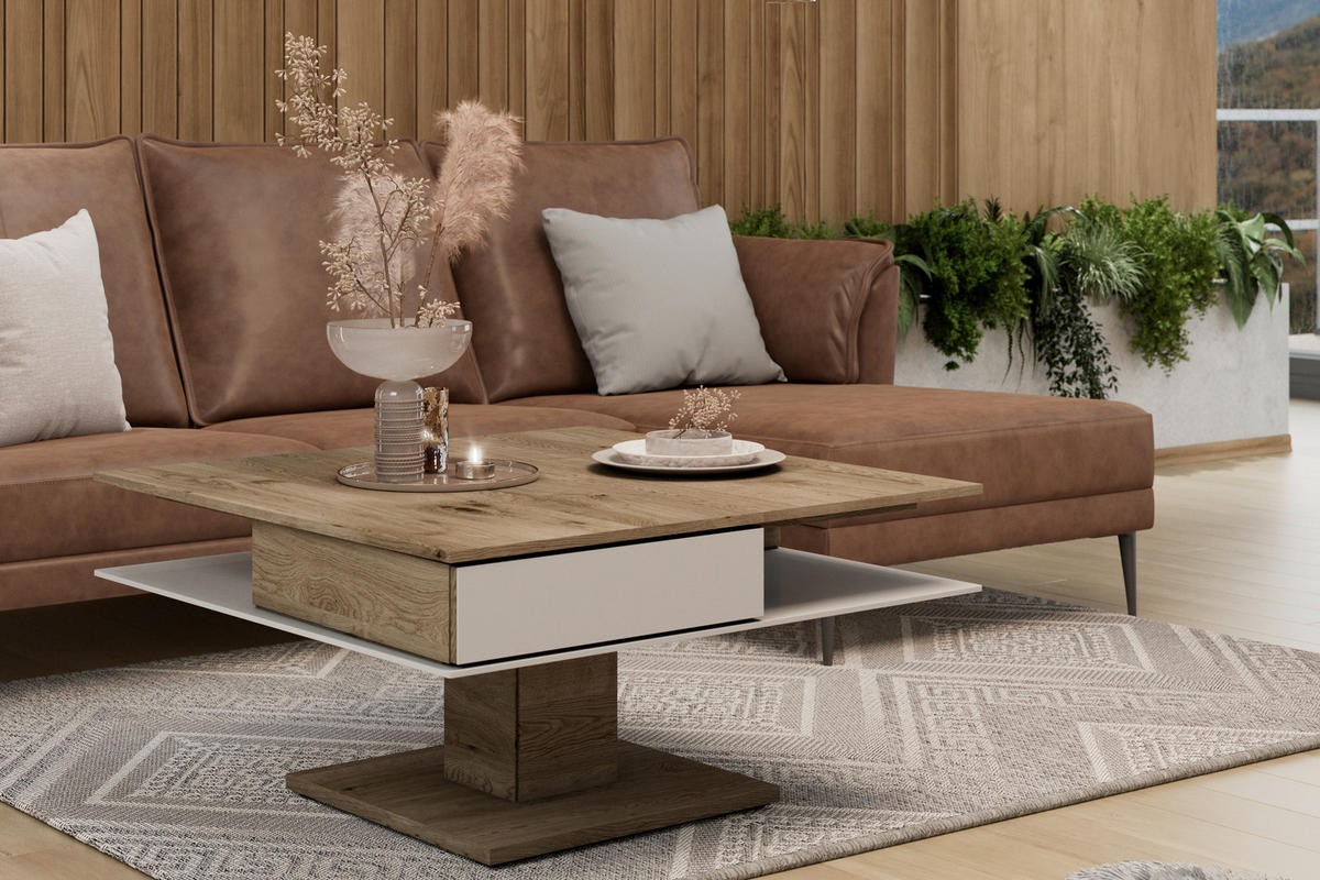 COUCHTISCH in Holz, Glas 90/90/46 cm  - Weiss/Eichefarben, Design, Glas/Holz (90/90/46cm) - Voglauer